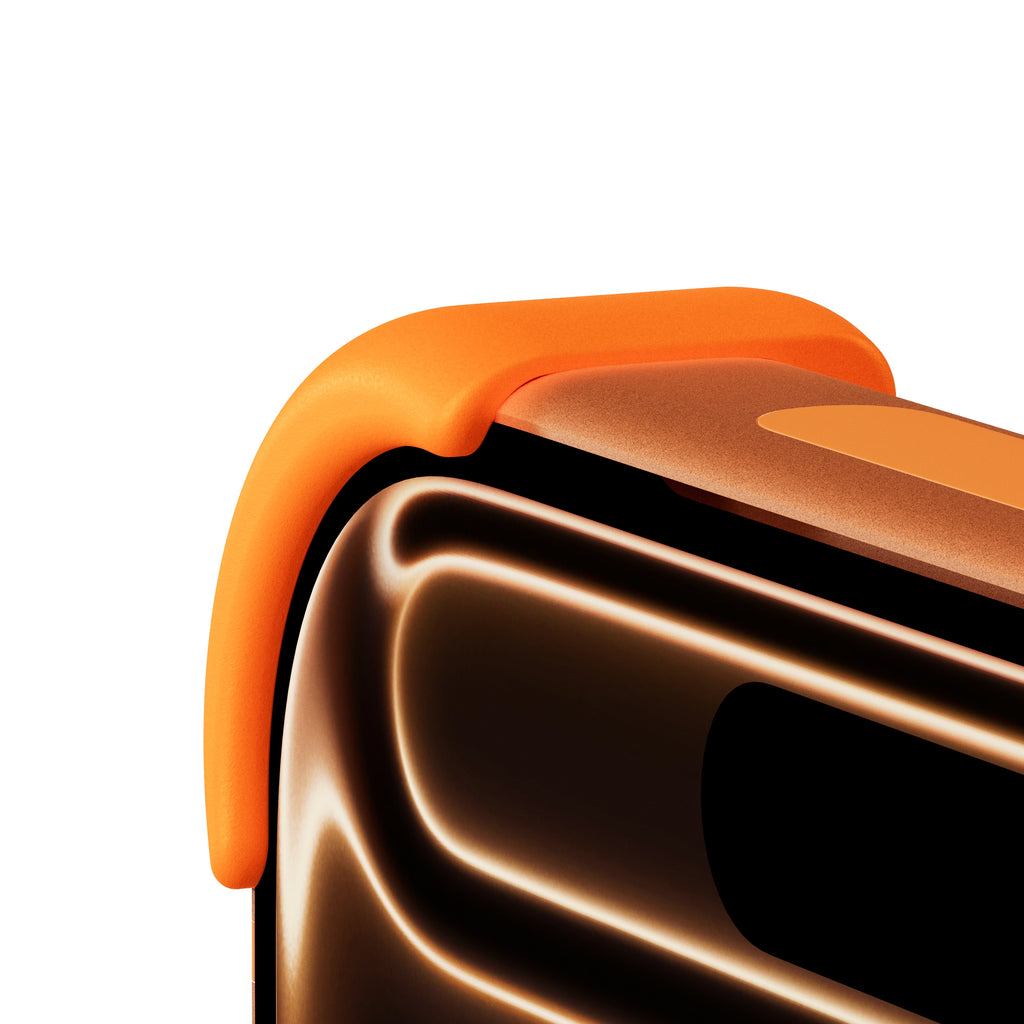 EKE minimalistische iPhone 17 Pro Hülle in Orange mit Eckenschutz, linke Seitenansicht