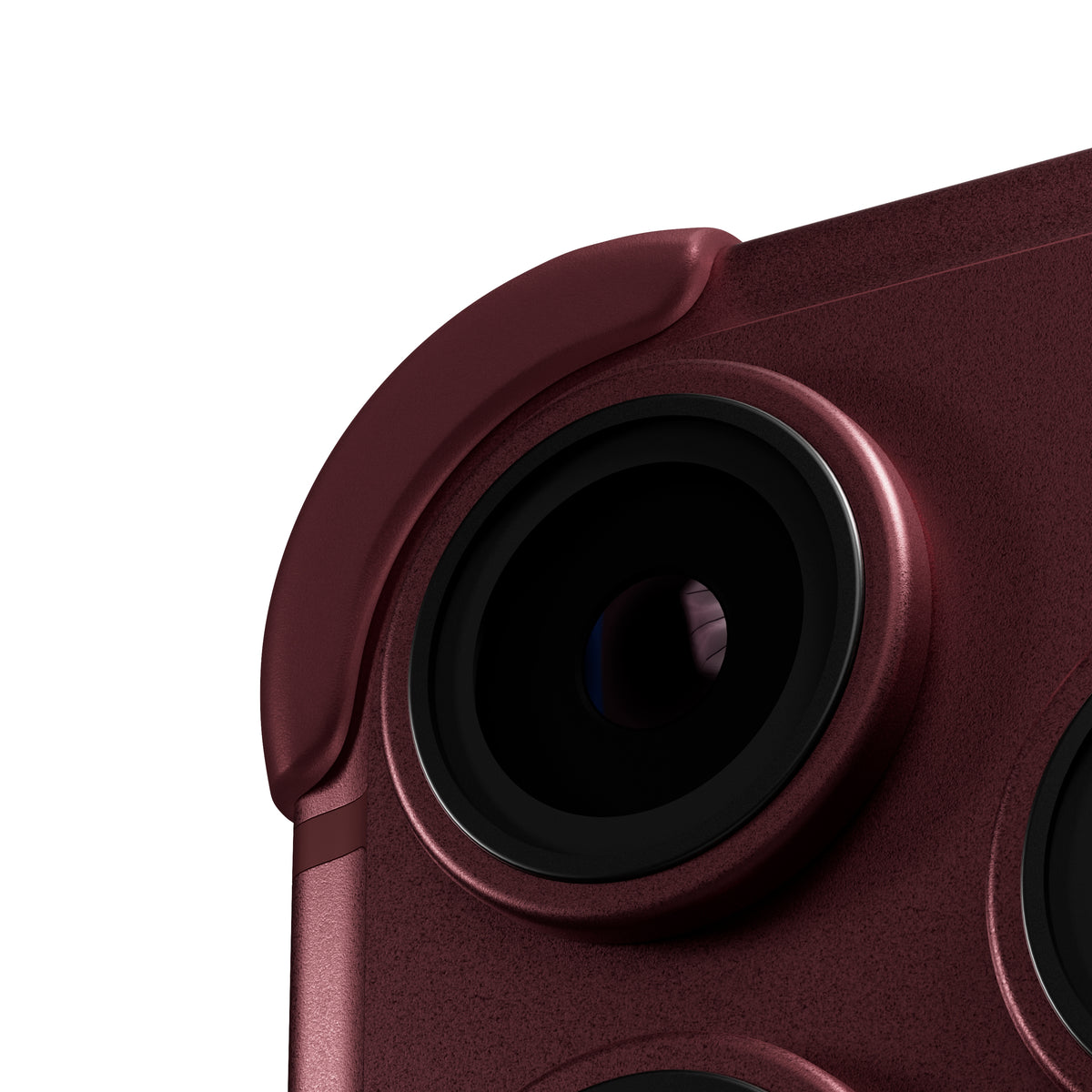 EKE 2.0 minimalistische iPhone Hülle in Burgundy mit Eckenschutz, Detailansicht der Kamera